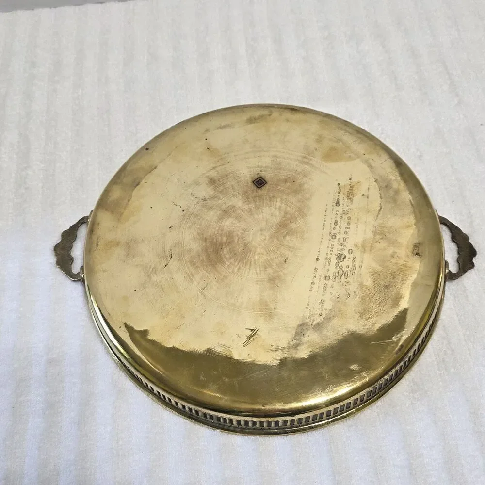 Vintage Brass Platter Serving Tray 12” W/ Ornate Flower Handles Made in India
